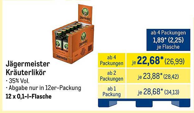 Jägermeister Kräuterlikör 12 x 0,1 l - ab 4 Packungen nur 1,89 € je Flasche