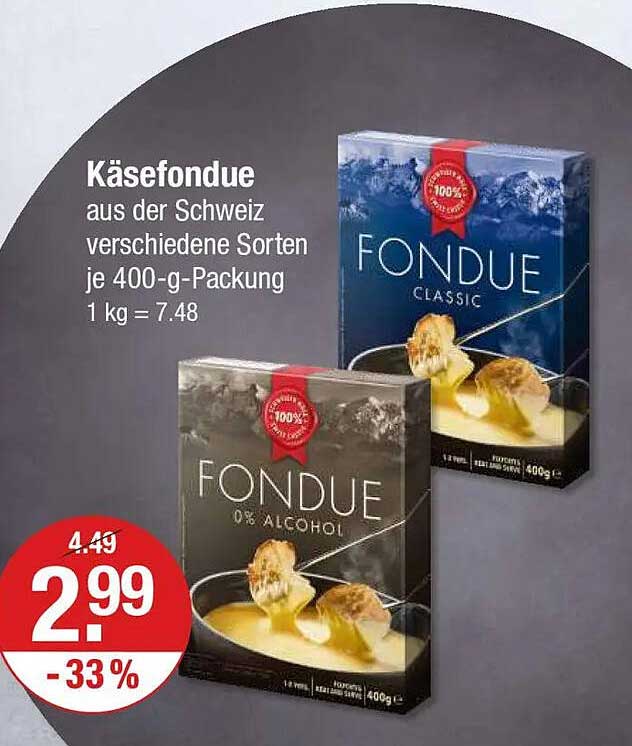 Käsefondue aus der Schweiz verschiedene Sorten je 400-g-Packung