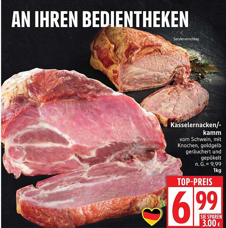 Kasslernacken/-kamm vom Schwein mit Knochen, goldgelb geräuchert und gepökelt