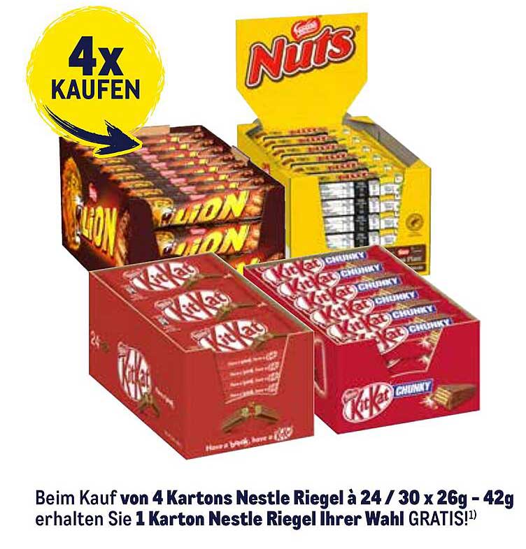 Kaufe 4 Kartons Nestlé Riegel und erhalte 1 Karton gratis!