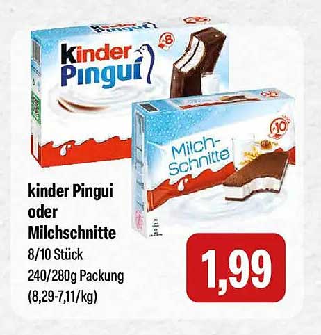 Kinder Pingui oder Milch-Schnitte – 8/10 Stück, 240/280g Packung