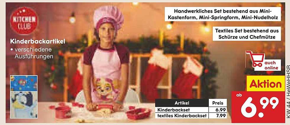 Kinderbackartikel - Handwerkliches Set bestehend aus Mini-Kastenform, Mini-Springform, Mini-Nudelholz und textil einem Kinderbackset