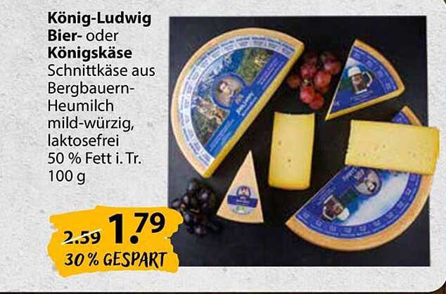König-Ludwig Bier- oder Königs Käse, Schnittkäse aus Bergbauern-Heumilch, laktosefrei, 50 % Fett i. Tr. 100 g