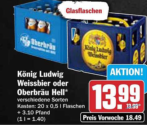 König Ludwig Weissbier oder Oberbräu Hell - 20er Kasten