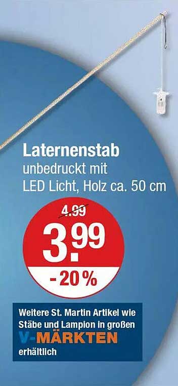 Laternenstab unbedruckt mit LED Licht, Holz ca. 50 cm