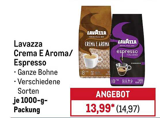 Lavazza Crema E Aroma/Espresso - Ganze Bohne je 1000-g-Packung