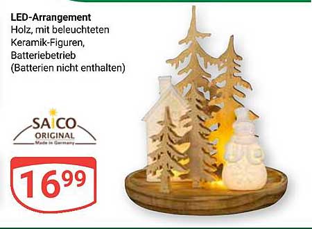 LED-Arrangement Holz mit beleuchteten Keramik-Figuren