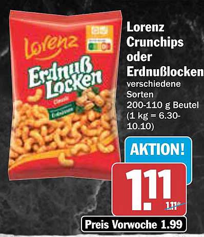 Lorenz Crunchips oder Erdnusslocken verschiedene Sorten 200-110 g Beutel