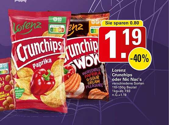 Lorenz Crunchips oder Nic Nac‘s verschiedene Sorten 110-150g