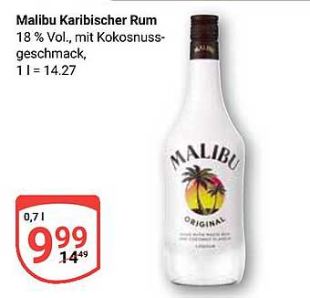 Malibu Karibischer Rum 18 % Vol., mit Kokosnussgeschmack, 0,7 l