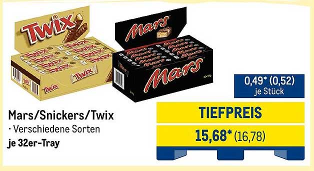 Mars/Snickers/Twix - Verschiedene Sorten je 32er-Tray