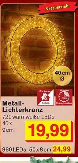 Metall-Lichterkranz 720 warmweiße LEDs, 40 x 9 cm