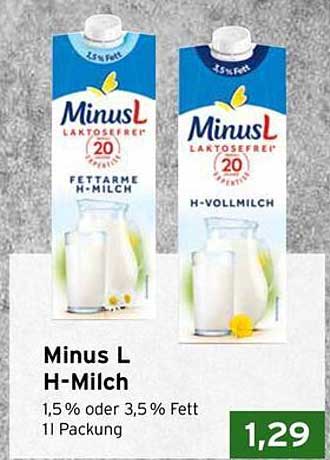Minus L H-Milch 1,5% oder 3,5% Fett 1l Packung