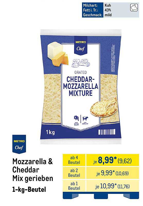 Mozzarella & Cheddar Mix gerieben - 1-kg-Beutel