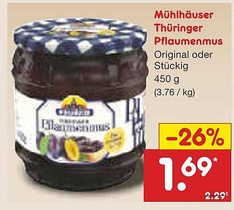 Mühlhäuser Thüringer Pflaumenmus Original oder Stückig 450 g