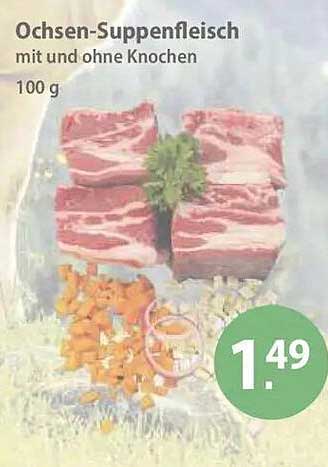 Ochsen-Suppenfleisch mit und ohne Knochen, 100 g