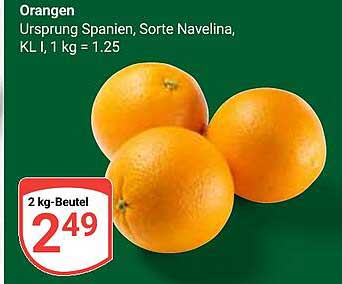 Orangen, Ursprung Spanien, Sorte Navelina, 2 kg-Beutel für 2,49 €