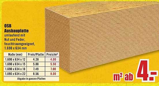 OSB Ausplatte umlaufend mit Nut und Feder, feuchtraumgeeignet, 1.690 x 634 mm