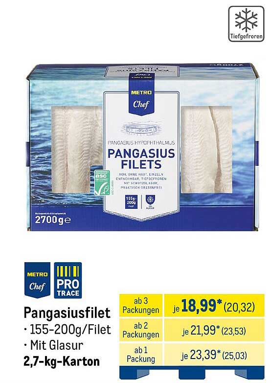 Pangasiusfilet - 155-200g/Fillet, mit Glasur, 2,7-kg-Karton