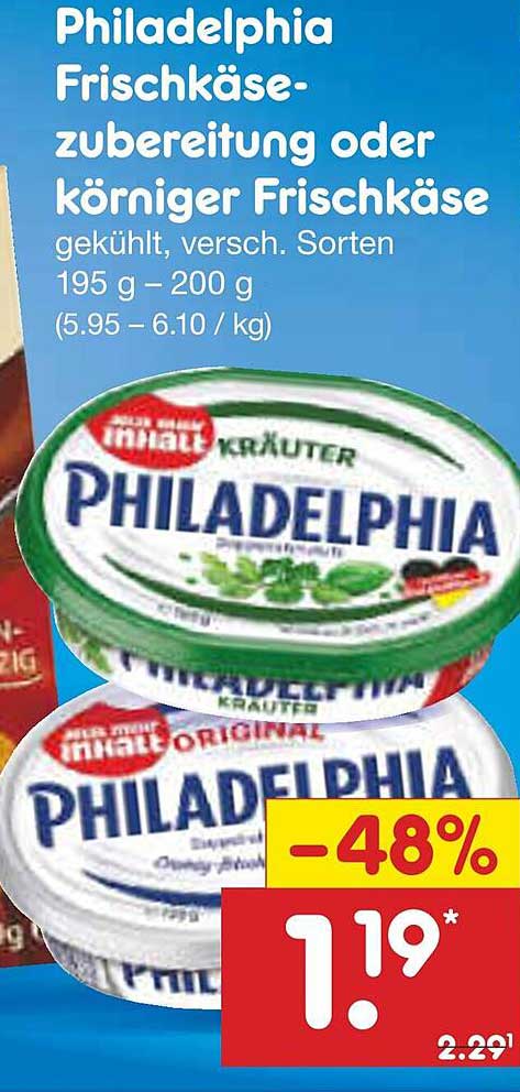 Philadelphia Frischkäse-Zubereitung oder körniger Frischkäse (195 g - 200 g, 5,95 - 6,10 €/kg)