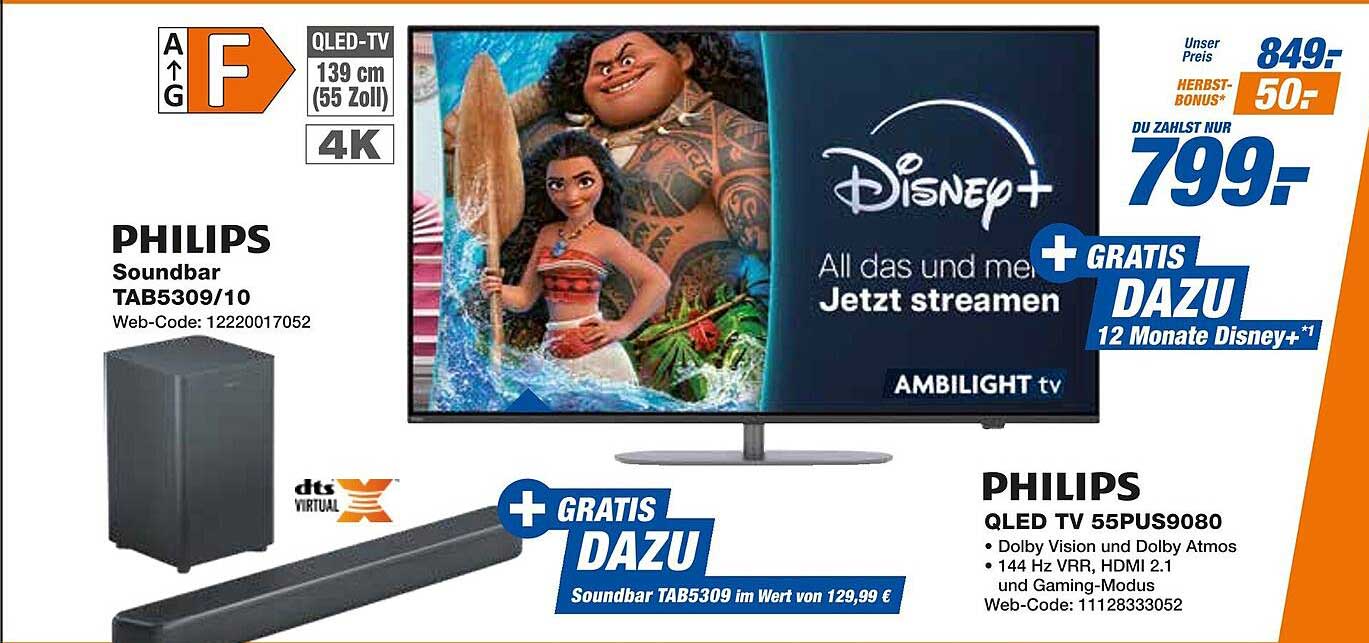 PHILIPS QLED TV 139 cm (55 Zoll) mit Soundbar TAB5309/10 und 12 Monaten Disney+