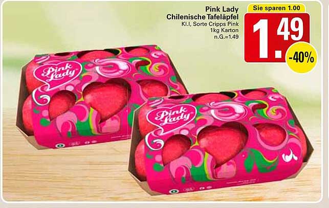 Pink Lady Chilienische Tafäpfel K.I.! Sorte Cripps Pink 1kg Karton