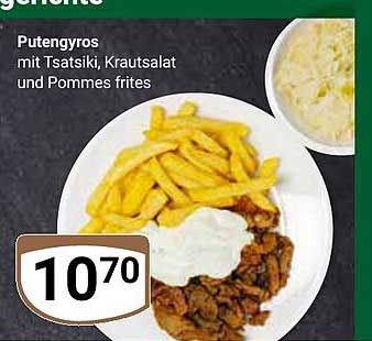 Putengyros mit Tsatsiki, Krautsalat und Pommes frites