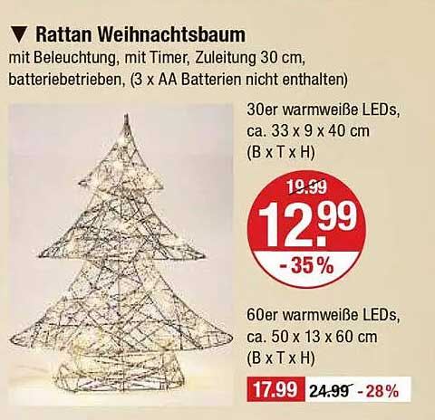 Rattan Weihnachtsbaum mit Beleuchtung, Timer und Zuleitung 30 cm
