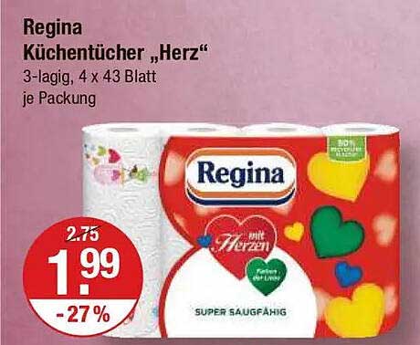 Regina Küchentücher „Herz“ - 3-lagig, 4 x 43 Blatt je Packung