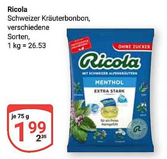 Ricola Schweizer Kräuterbonbon, Menthol Extra Stark, 75 g