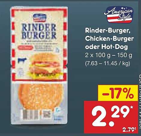 Rinder-Burger, Chicken-Burger oder Hot-Dog 2 x 100 g - 150 g