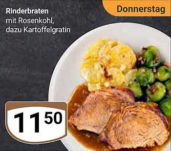Rinderbraten mit Rosenkohl, dazu Kartoffelgratin