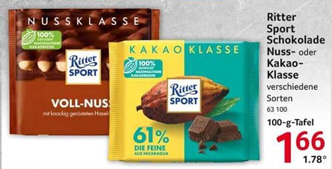 Ritter Sport Schokolade Nuss- oder Kakao-Klasse verschiedene Sorten