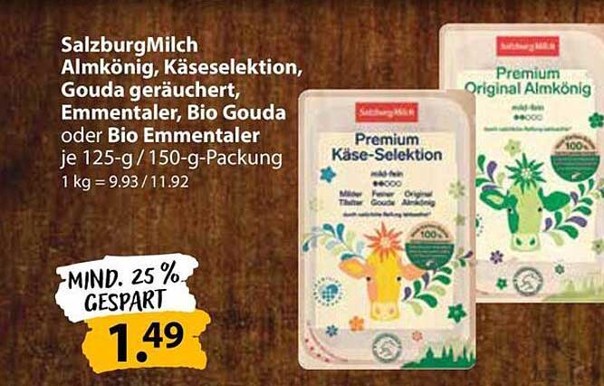 SalzburgMilch Alm König, Käseauswahl, Gouda geräuchert, Emmentaler, Bio Gouda oder Bio Emmentaler je 125-g / 150-g-Packung