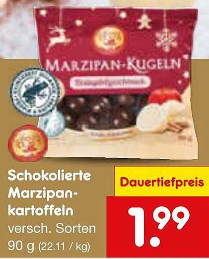 Schokolierte Marzipankartoffeln, verschiedene Sorten, 90 g
