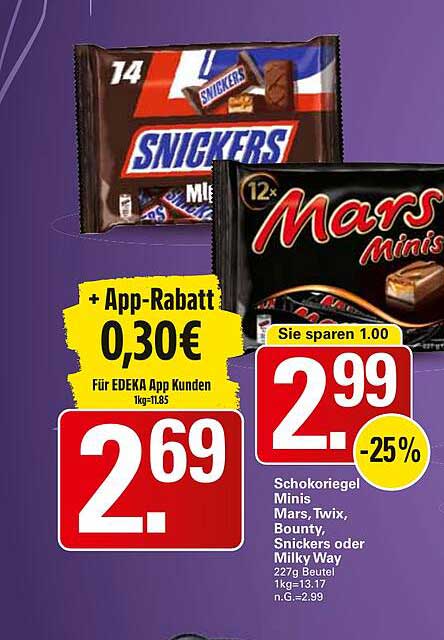 Schokoriegel Minis: Mars, Twix, Bounty oder Snickers – nur 2,69 €