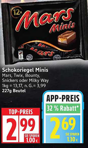 Schokoriegel Minis (Mars, Twix, Bounty, Snickers oder Milky Way) 227g Beutel