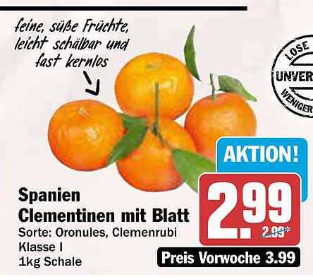 Spanien Clementinen mit Blatt 1kg Schale