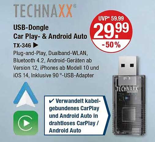 TECHNAXX USB-Dongle Car Play- & Android Auto TX-346
