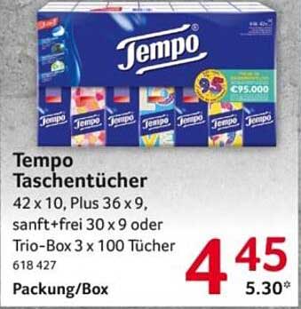 Tempo Taschentücher 42 x 10, Plus 36 x 9, sanft+frei 30 x 9 oder Trio-Box 3 x 100 Tücher