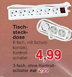 Tischsteckdose 6-fach mit Schutzkontakt und Kontrolschalter