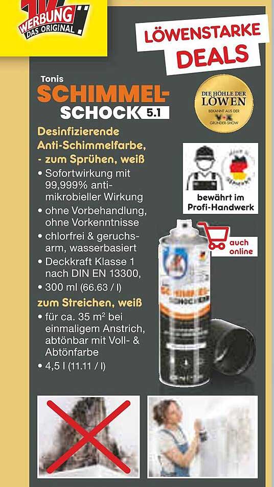 Tonis SCHIMMEL-SCHOCK 5.1 - Desinfizierende Anti-Schimmelfarbe, zum Sprühen, weiß