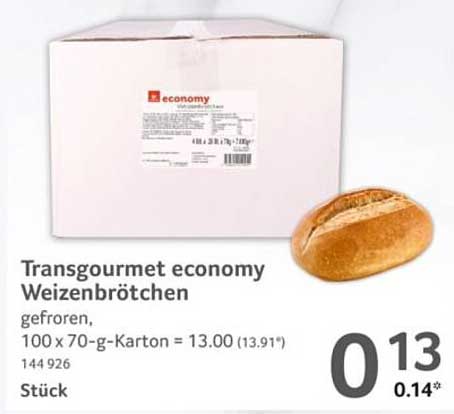 Transgourmet economy Weizenbrötchen gefroren, 100 x 70-g-Karton