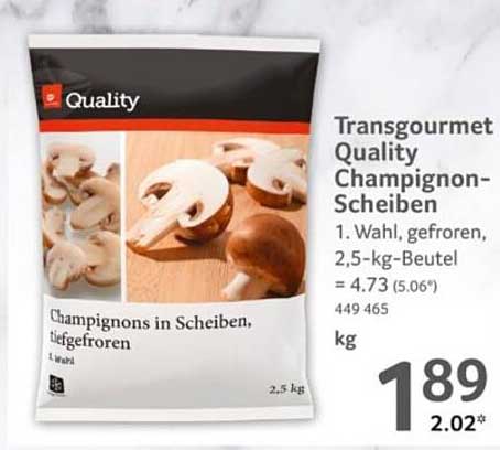 Transgourmet Quality Champignon-Scheiben, 1. Wahl, gefroren, 2,5-kg-Beutel