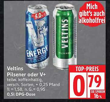 Veltins Pilsener oder V+ 0,5L DPG-Dose für nur 0,79 €