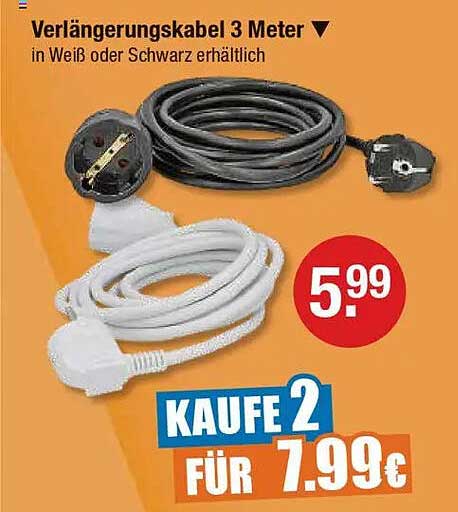 Verlängerungskabel 3 Meter in Weiß oder Schwarz erhältlich