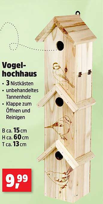 Vogelhochhaus mit 3 Nistkästen aus unbehandeltem Tannenholz