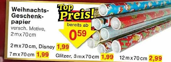 Weihnachts-Geschenkpapier, verschiedene Motive, 2 m x 70 cm