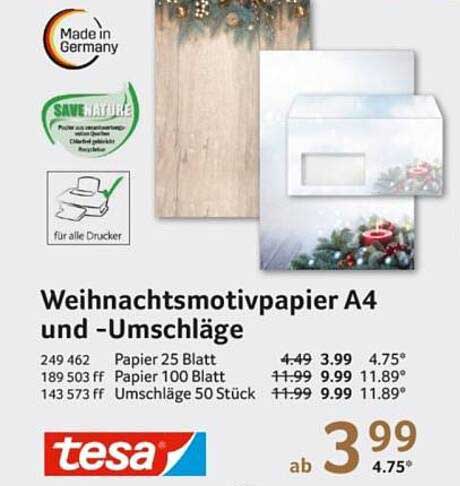 Weihnachtsmotivpapier A4 und Umschläge von tesa