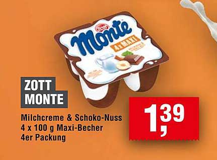 ZOTT MONTE Milchcreme & Schoko-Nuss 4 x 100 g Maxi-Becher 4er Packung